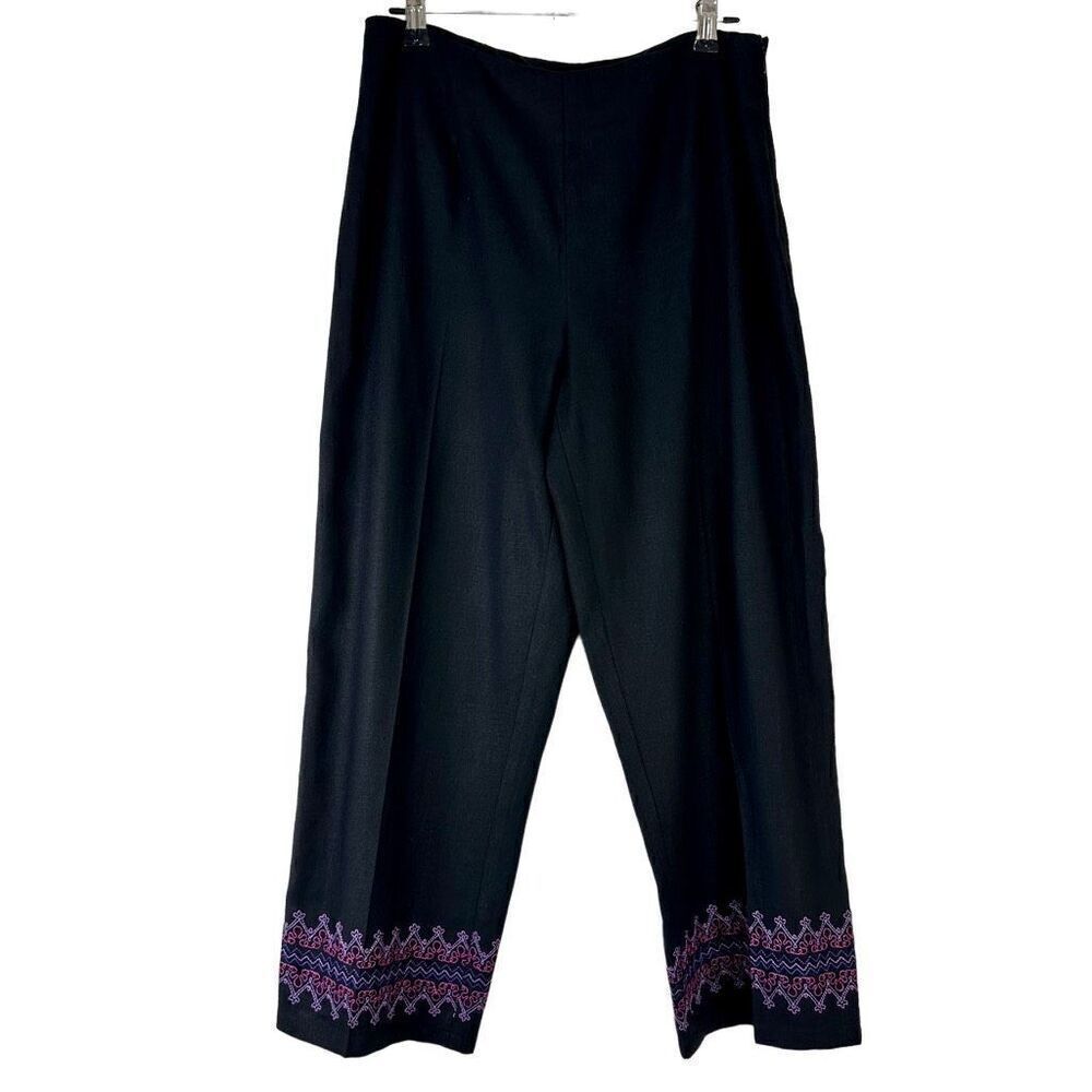 Dressbarn Linen Blend Black Boho Embroidered Capri Pants‎ Womens 4P Retro Chic